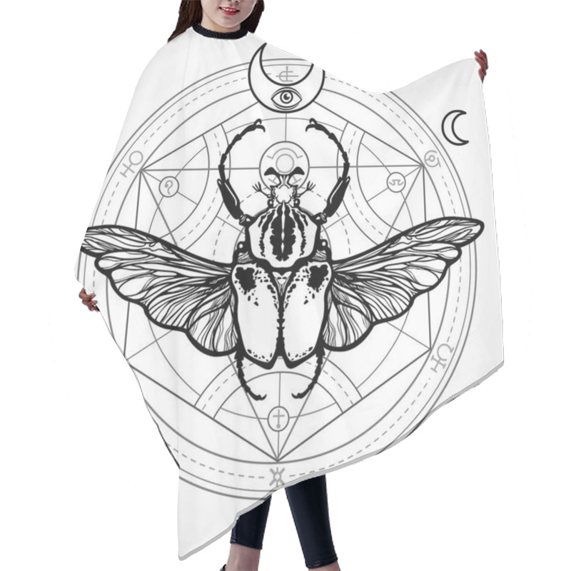 Personality  Winged Bug. Mystical Circle. Esoteric Symbol, Sacred Geometry. Sign Of The Moon. Monochrome Drawing Isolated On A White Background. Vector Illustration. Print, Posters, T-shirt, Textiles. Hair Cutting Cape