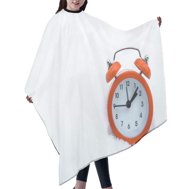 Personality  Red Retro Alarm Clock Standing On White Snow Near Trees In Snowy Forest Hair Cutting Cape