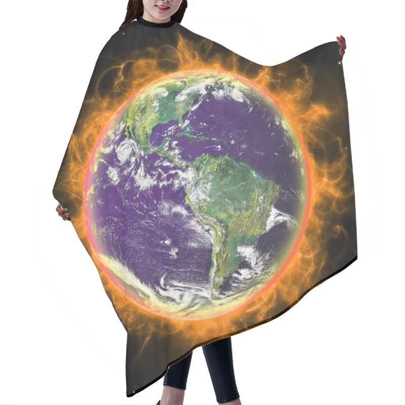 Personality  Real Earth Planet In Space. In Red Fire. Hair Cutting Cape