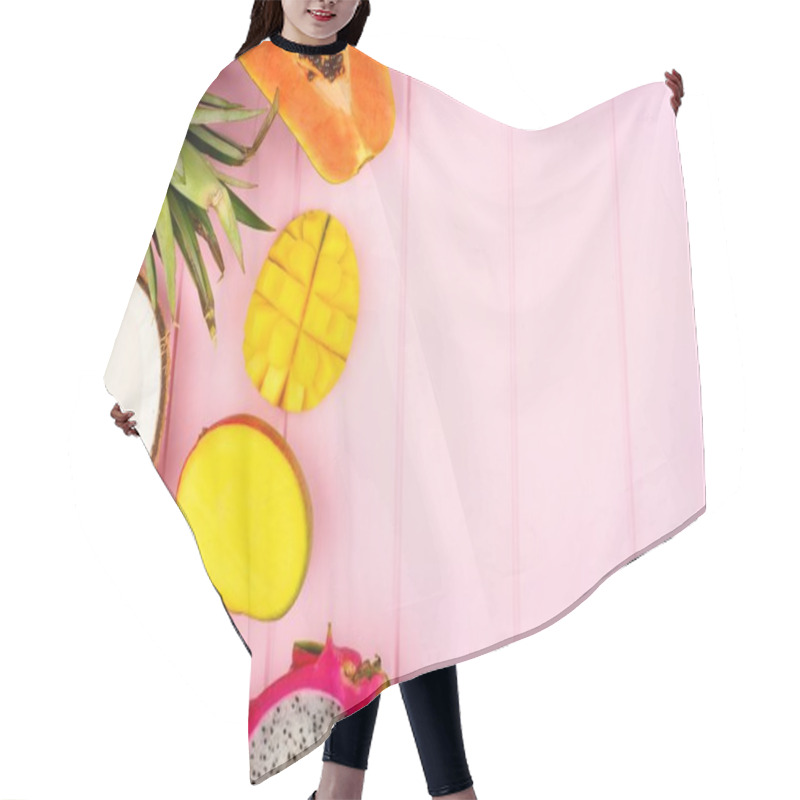 Personality  Tropical Fruit Side Border With Pineapple, Dragon Fruit, Papaya, Coconut And Mango On A Pink Wood Background Hair Cutting Cape