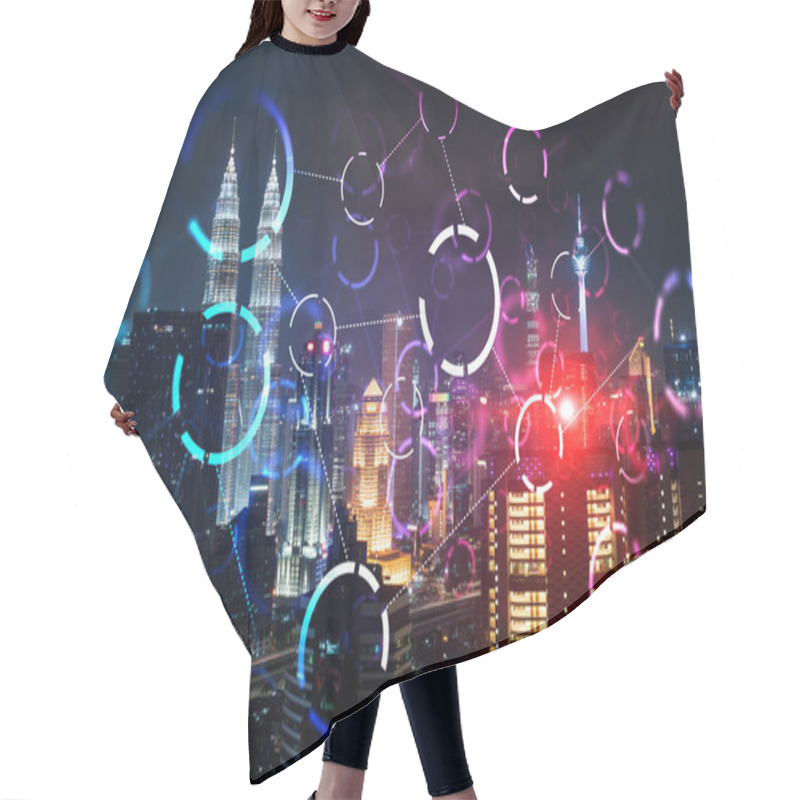 Personality  Abstract Technology Icons, Night Aerial Panoramic Cityscape Of Kuala Lumpur, Malaysia, Asia. The Concept Of Innovative Approach To Optimize International Business Process. Double Exposure. Hair Cutting Cape