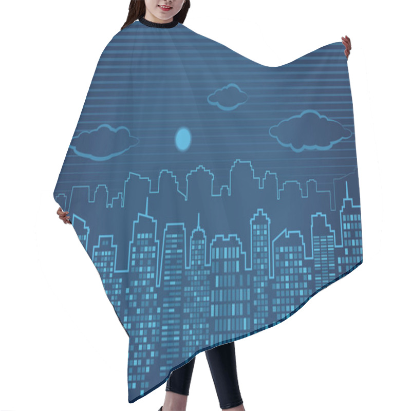 Personality  Blue Night Vector City With Houses And Their Silhouettes, Clouds And The Moon On A Striped Background Hair Cutting Cape