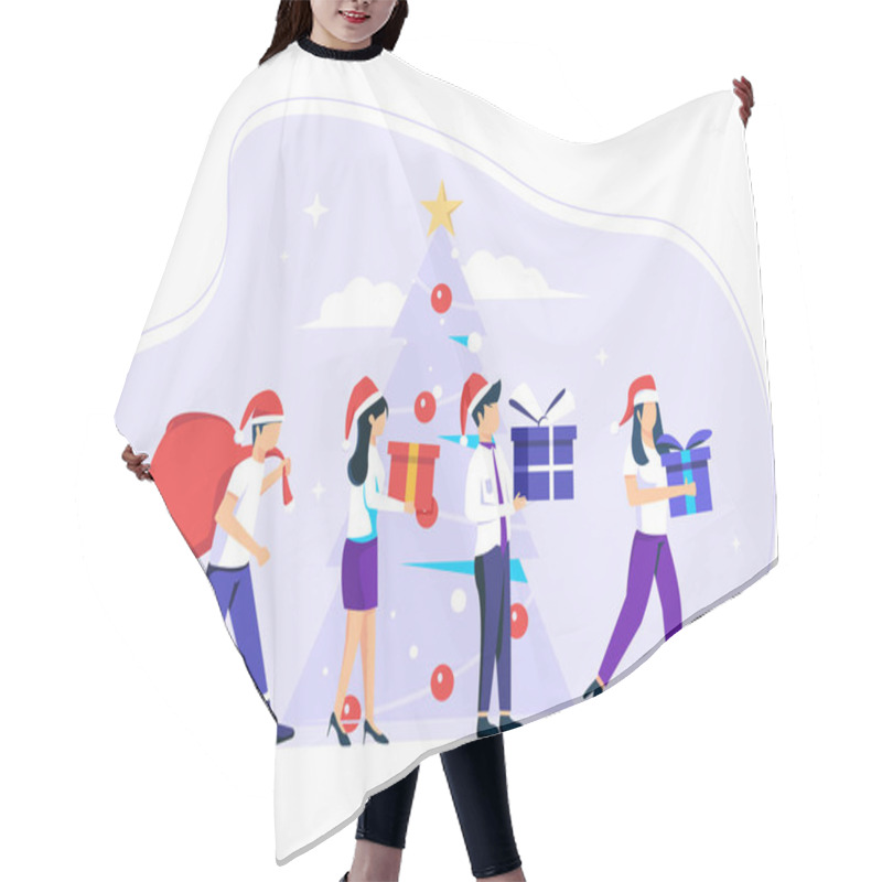 Personality  Vector Business People Walking On Corporate Party With Gifts And Greetings. Happy Colleagues Carrying Giftbox And Preparing For Winter Season Holidays Event. Cartoon Flat Vector Illustration Hair Cutting Cape