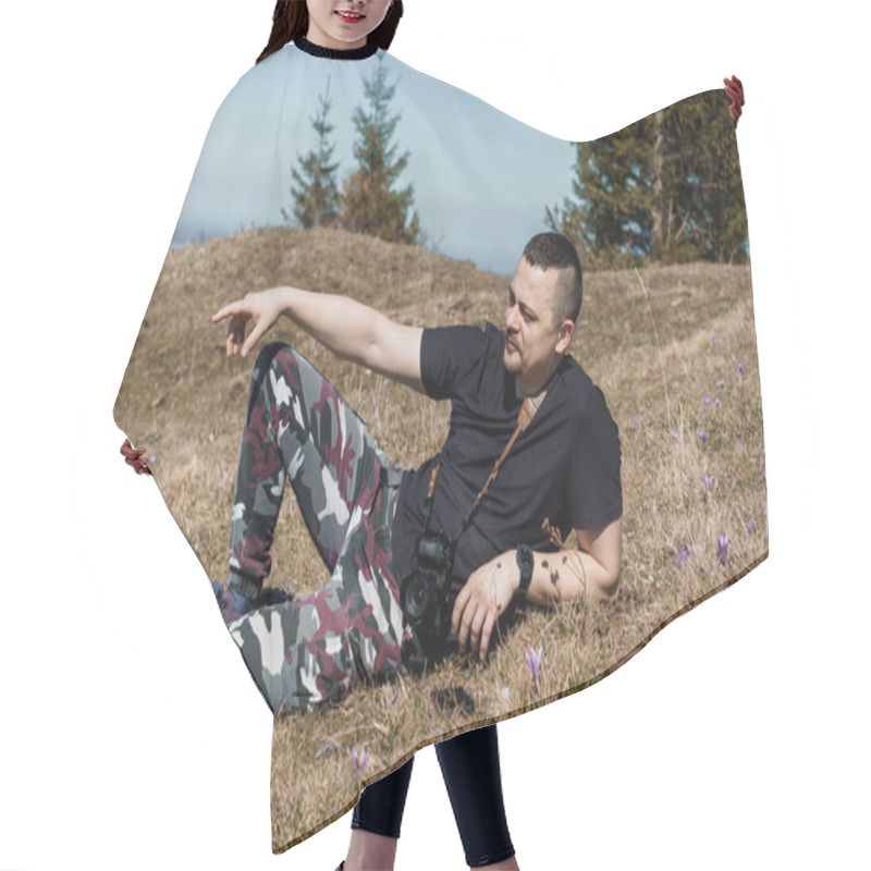 Personality  Relaxed Photographer Enjoying Nature In Camouflage Attire. Hair Cutting Cape