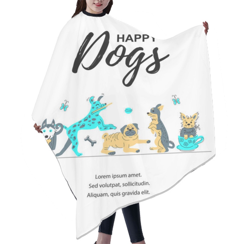 Personality  Vector Illustration With Hand Drawn Sketch Style Cute Doggies. Place For  Text. Banner For Pet Shop, Invitation, Dog Cafe, Show, Grooming, Flyers. Hair Cutting Cape