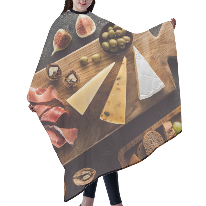 Personality  Flat Lay With Assorted Cheese, Jamon And Fruits On Dark Surface Hair Cutting Cape