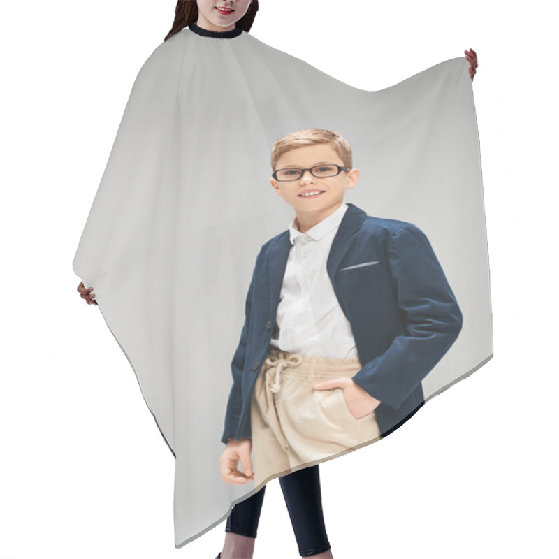 Personality  Preadolescent Boy In Stylish Suit And Glasses, Exuding Confidence And Sophistication. Hair Cutting Cape