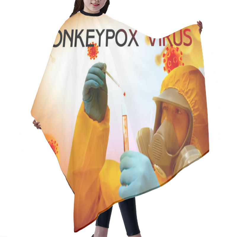 Personality  Monkeypox Virus. Scientist In Chemical Protective Suit With Test Tube Hair Cutting Cape