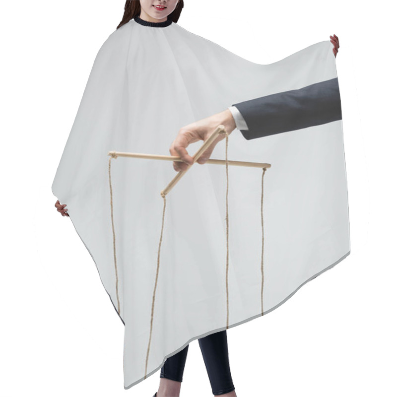 Personality  Cropped View Of Puppeteer In Suit Holding Marionette Isolated On Grey Hair Cutting Cape