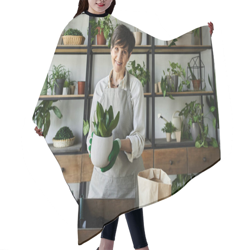 Personality  A Gardener Lovingly Tends To Her Thriving Plants In A Cozy Studio. Hair Cutting Cape