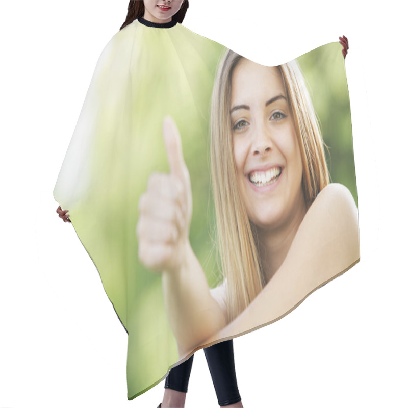 Personality  Happy Young Woman Showing Thumbs Up Sign Hair Cutting Cape