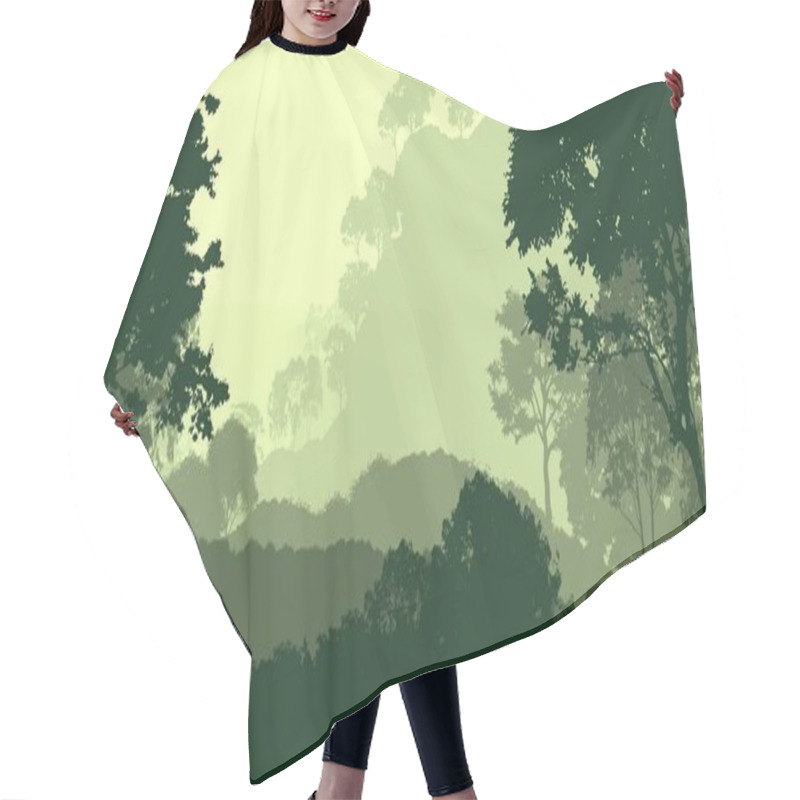 Personality  2d Illustration. Trees In Fog. Deep Forest Haze. Hills Covered By Plants And Foliage. Shrubs And Bushes. Deciduous Wood.  Hair Cutting Cape