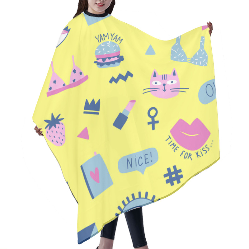 Personality  Seamless Pattern With Hand Phrases And Symbols For Teenage Girls. Hair Cutting Cape