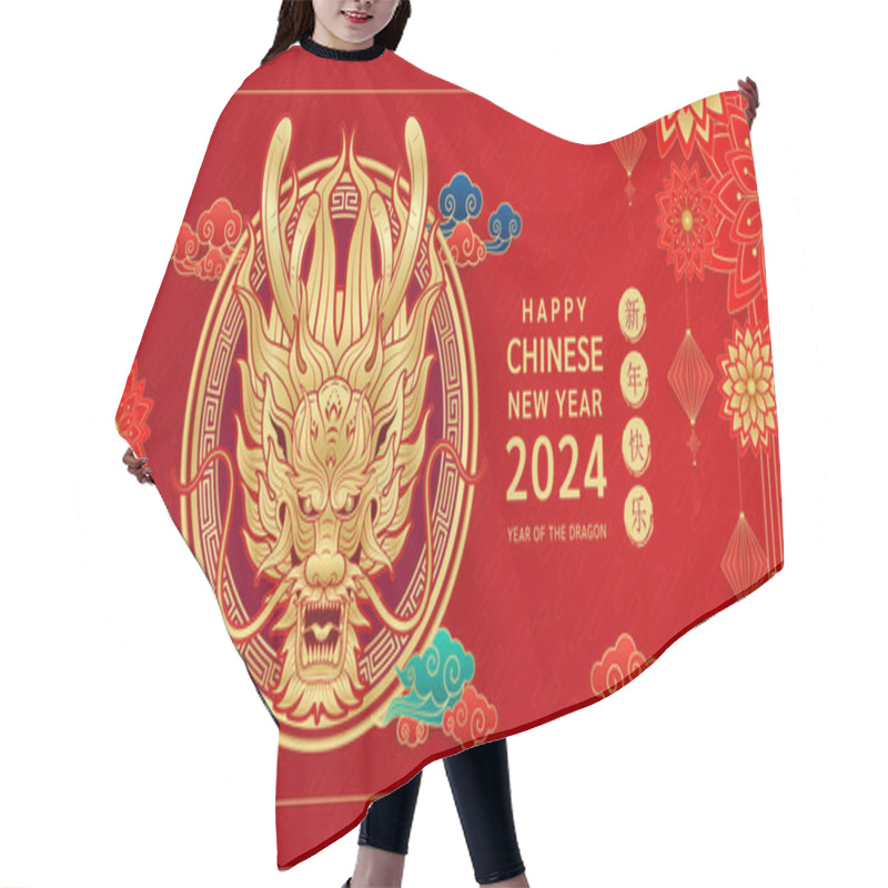 Personality  Happy Chinese New Year 2024. Chinese Dragon Gold Zodiac Sign On Red Background For Card Design. China Lunar Calendar Animal. (Translation : Happy New Year 2024) Vector EPS10. Hair Cutting Cape