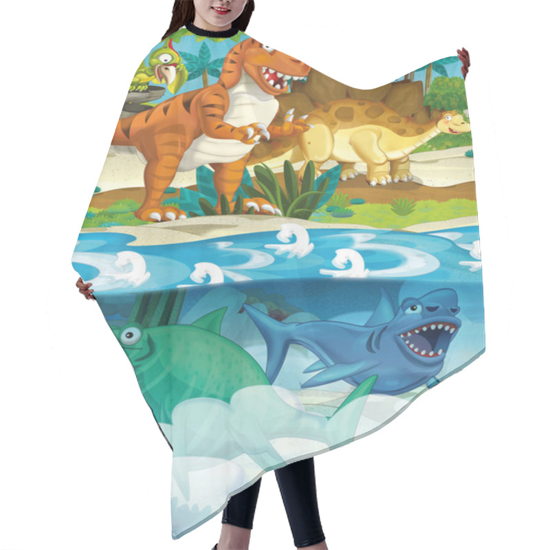 Personality  Cartoon Happy Dinosaur - Tyrannosaurus And Underwater Dinosaur - Illustration For The Children Hair Cutting Cape