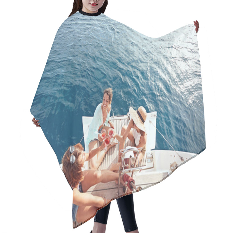 Personality  Friends Girl Having Party On Sailing Boat And Drinking Wine Top View Hair Cutting Cape