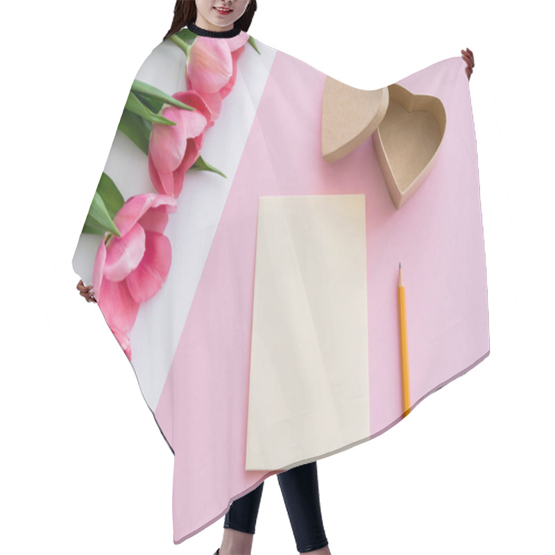 Personality  Top View Of Blooming Tulips Near Heart Shape Gift Box, Envelope And Pencil On White And Pink Hair Cutting Cape