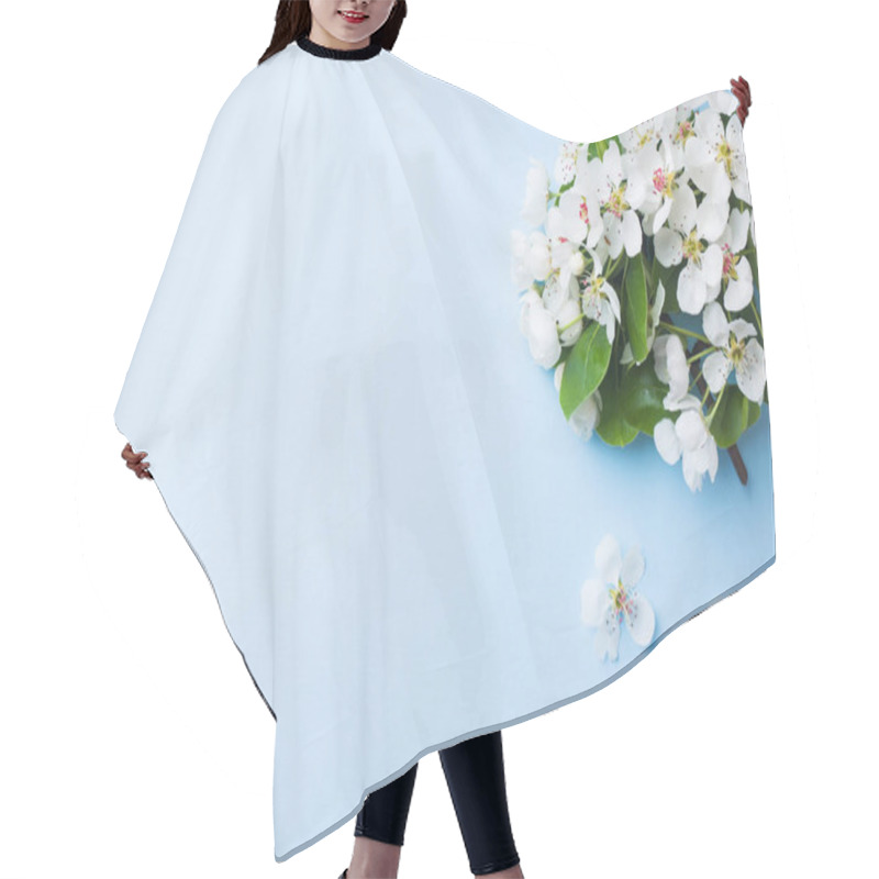 Personality  Spring Flowering Branch On Blue Background. Apple Blossoms Copy Space Hair Cutting Cape