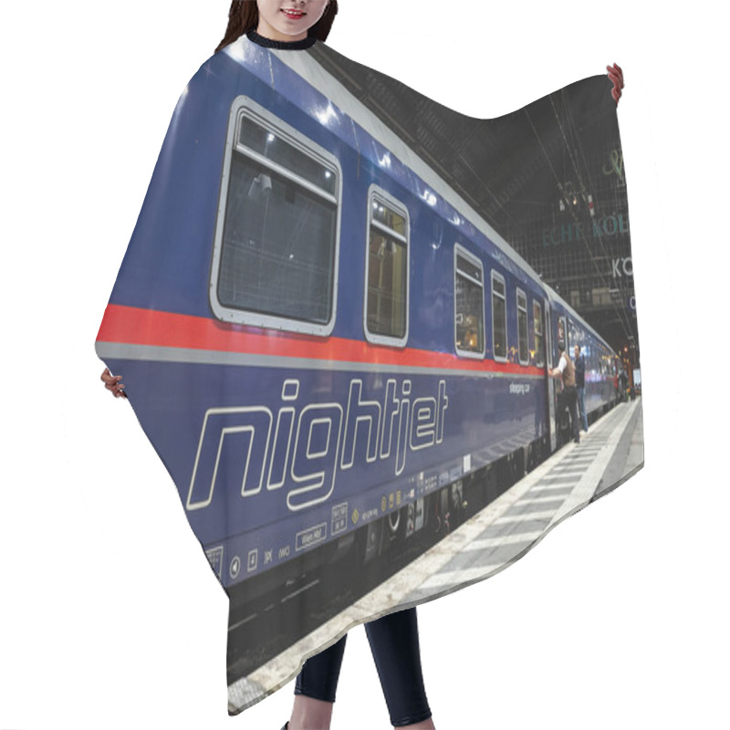 Personality  COLOGNE, GERMANY - NOVEMBER 8, 2022: Selective Blur On The Nightjet Logo On An Overnight Train To Austria In Koln Hbf Ready For Departure. NightJet Is A Train System Of Austrian Railways. Hair Cutting Cape