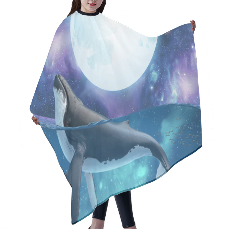 Personality  Surreal Scene Of Humpback Whale Spy Hopping To Watch The Silver Super Moon In The Mysterious Cosmos, 3d Illustration Hair Cutting Cape