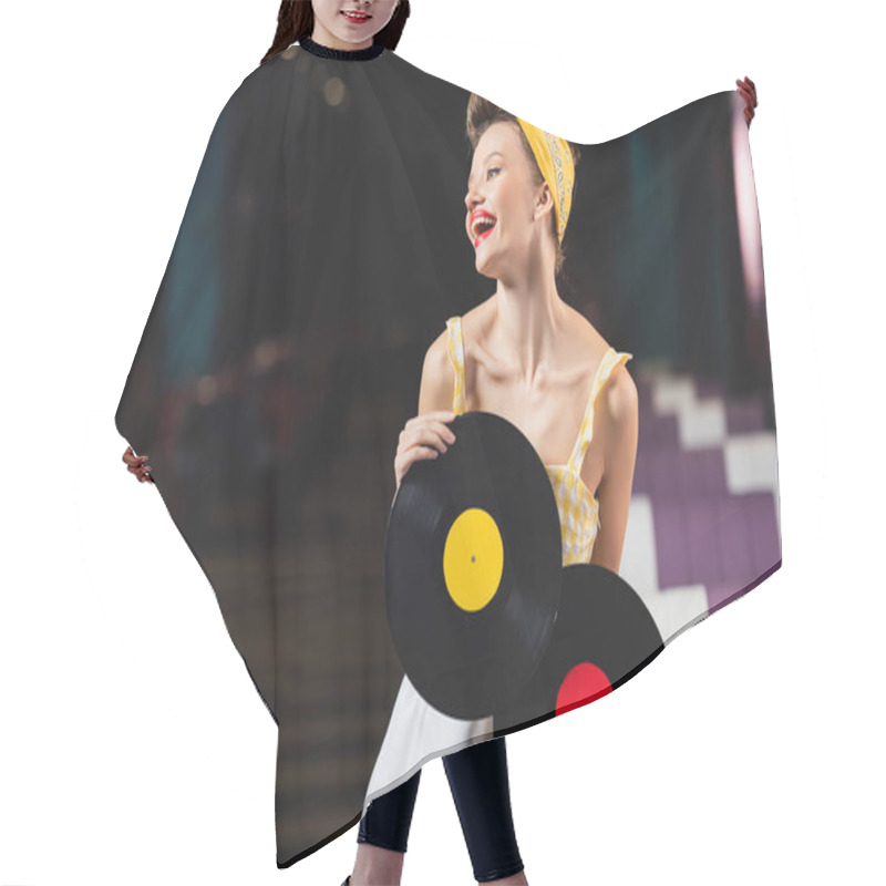 Personality  Happy Pin Up Woman Holding Retro Vinyl Discs  Hair Cutting Cape