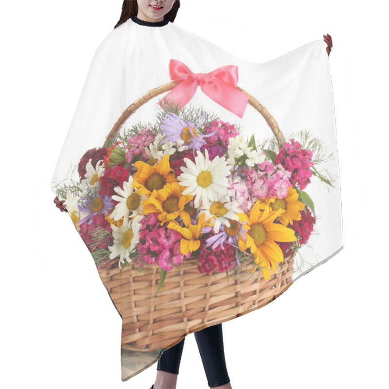 Personality  Beautiful Bouquet Of Bright Wildflowers In Basket, Isolated On White Hair Cutting Cape