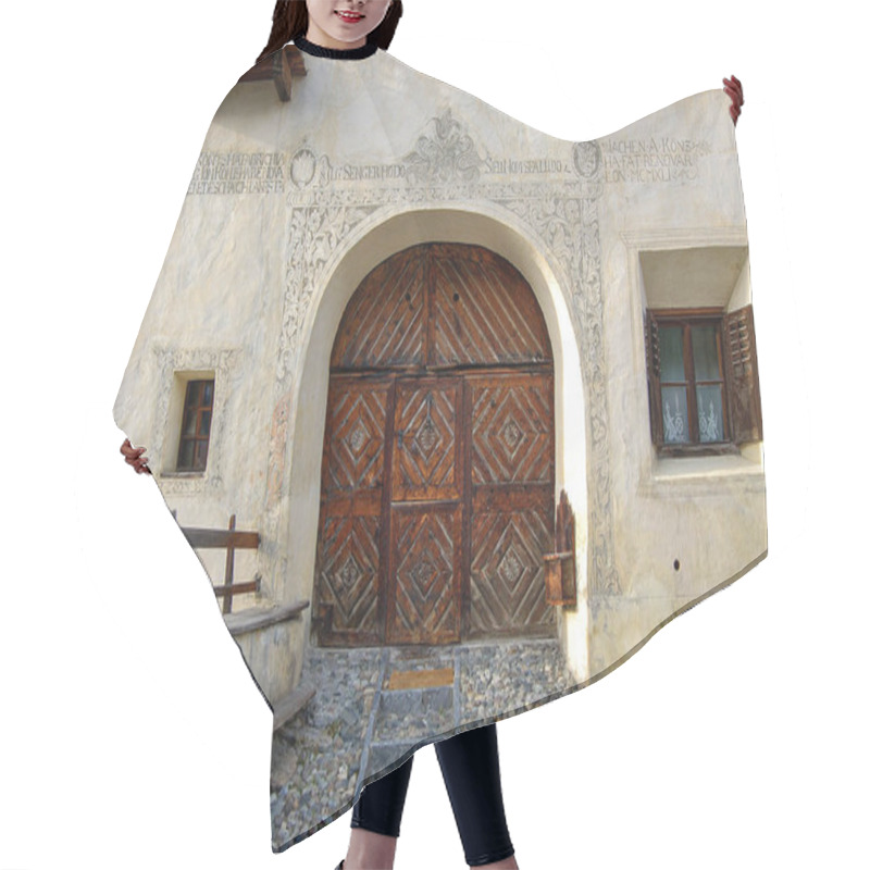 Personality  Facade Of An Old House With Fresco Decorations In The Ancient Village Of Guarda, Scuol Municipality, Engadin Valley, Graubunden Canton, Switzerland, Europe Hair Cutting Cape