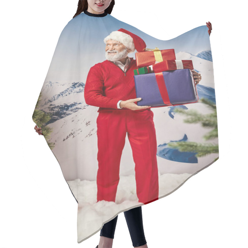 Personality  Smiley Bearded Santa With Presents In Hands Looking Away With Mountain Backdrop, Winter Concept Hair Cutting Cape