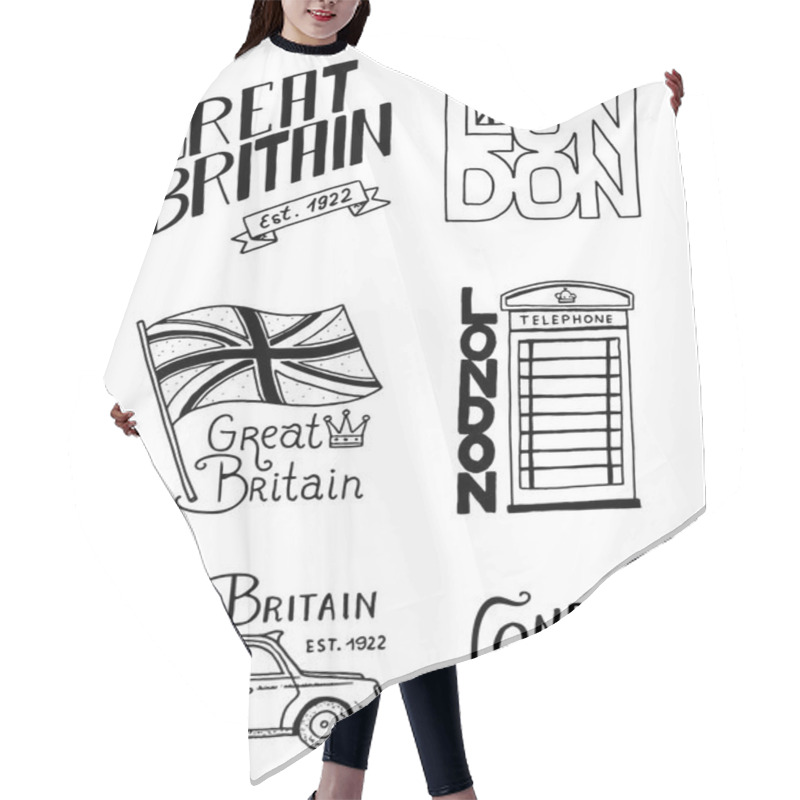 Personality  British Logo, Symbols, Badges Or Stamps, Emblems, Architectural Landmarks, Flag Of The United Kingdom. Country England Label. Phone Booth, London And The Gentlemen. Engraved, Hand Drawn Vintage Style. Hair Cutting Cape