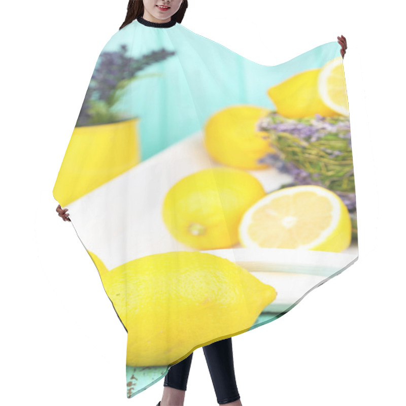 Personality  Still Life With Fresh Lemons And Lavender On Blue Background Hair Cutting Cape