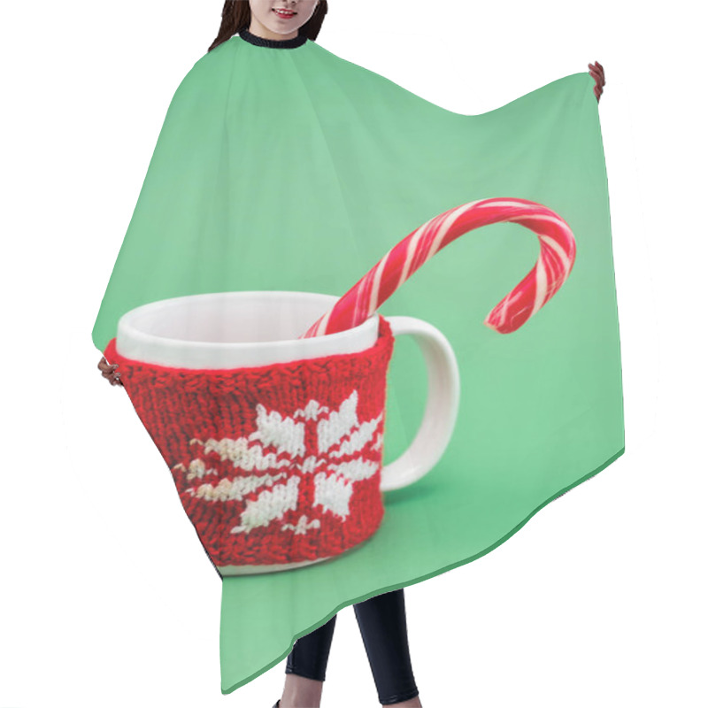 Personality  Candy Cane In Cup With Knitted Cup Holder With Snowflake On Green Background Hair Cutting Cape