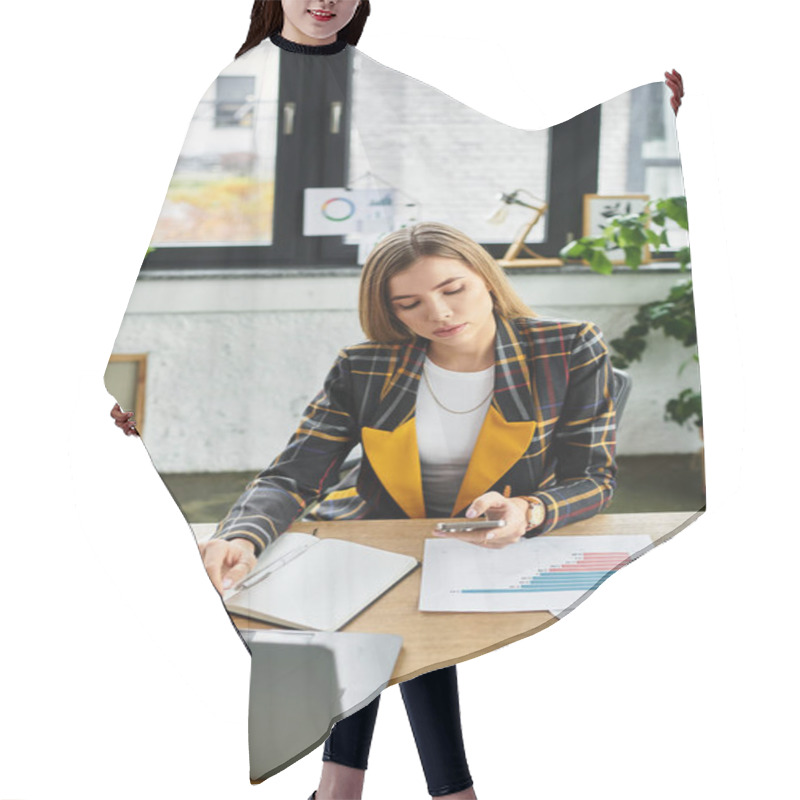 Personality  An Attractive Millennial Woman Reviews Reports And Charts While Working Diligently In Her Office. Hair Cutting Cape