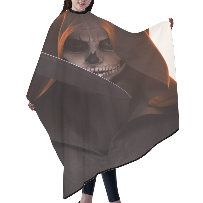 Personality  Woman With Skull Makeup Holding Knife Isolated On White Hair Cutting Cape