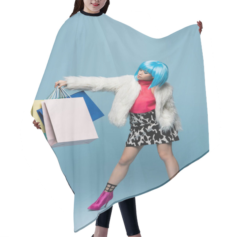 Personality  Pretty Asian Woman In Pop Art Style Looking At Shopping Bags On Blue Background  Hair Cutting Cape