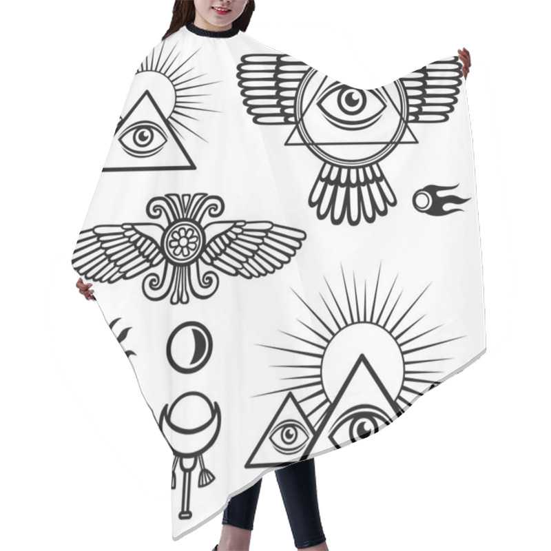 Personality  Set Of Esoteric Symbols: Wings, Pyramid, Eye, Moon, Sun, Comet, Star. The Isolated Black Contour On A White Background. Hair Cutting Cape