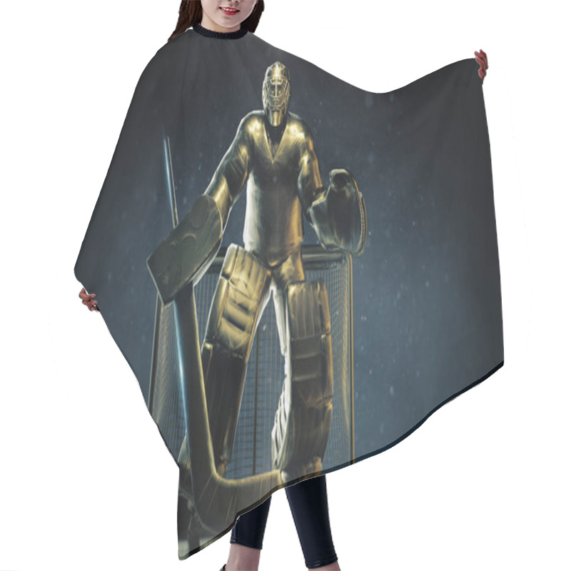 Personality  Shining Bronze Metal Statue Of Ice Hockey Goalie In Front Gates With Dramatic Light And Dust Particles In The Air. Hockey Legend, Competition, Winner Concept Background 3d Render. Hair Cutting Cape