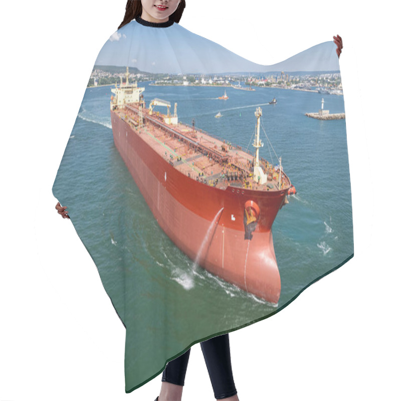 Personality  Aerial View Of A Red Oil Tanker Leaves The Port. Tanker Ship Logistic And Transportation Business Oil And Gas Industry. Hair Cutting Cape