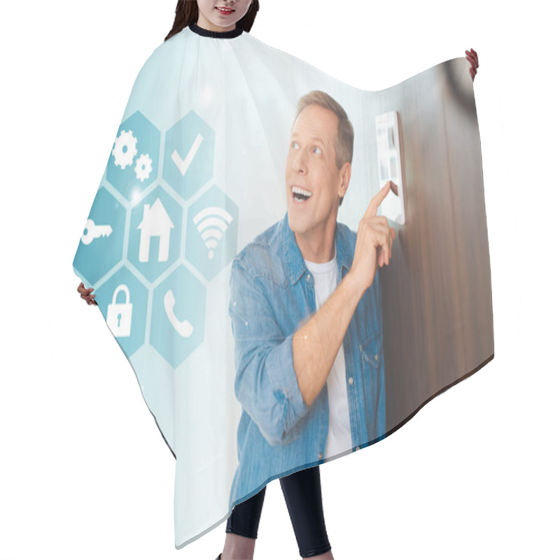 Personality  Happy Handsome Man Using Smart House System Control Panel Hair Cutting Cape