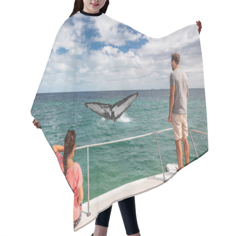 Personality  Whale Watching Boat Tour Tourists People On Ship Looking At Humpback Tail Breaching Ocean In Tropical Destination, Summer Travel Vacation. Couple On Deck Of Catamaran Hair Cutting Cape