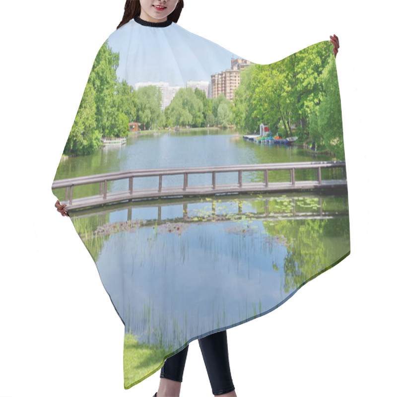 Personality  Wooden Bridge Over The Vorontsovsky Pond. Vorontsovsky Park In Moscow, Russia Hair Cutting Cape