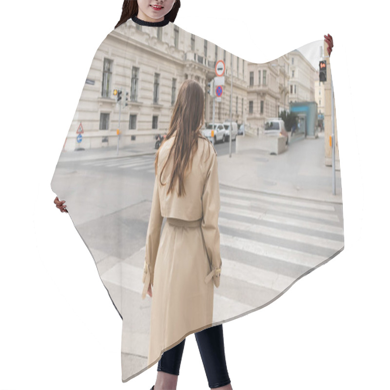 Personality  Back View Of Woman In Trench Coat Walking On Street Of European City  Hair Cutting Cape