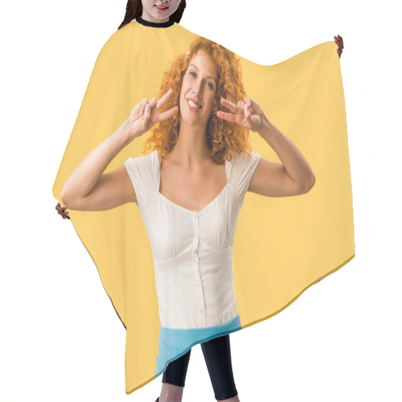 Personality  Cheerful Woman With Red Hair Showing Peace Symbols Isolated On Yellow Hair Cutting Cape