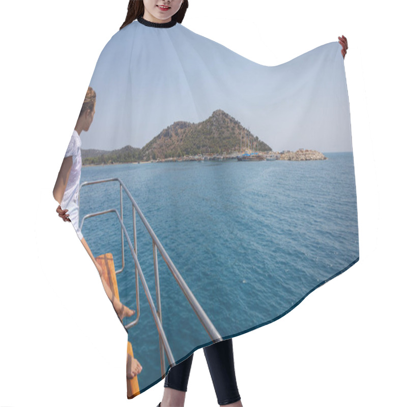 Personality  Teenager Girl Looks Towards The Harbor, Standing On Sightseeing Boat. Hair Cutting Cape