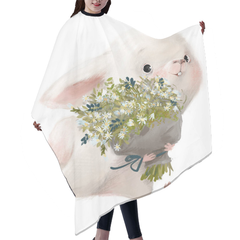 Personality  Cute White Hare Character With Floral Bouquet Hair Cutting Cape