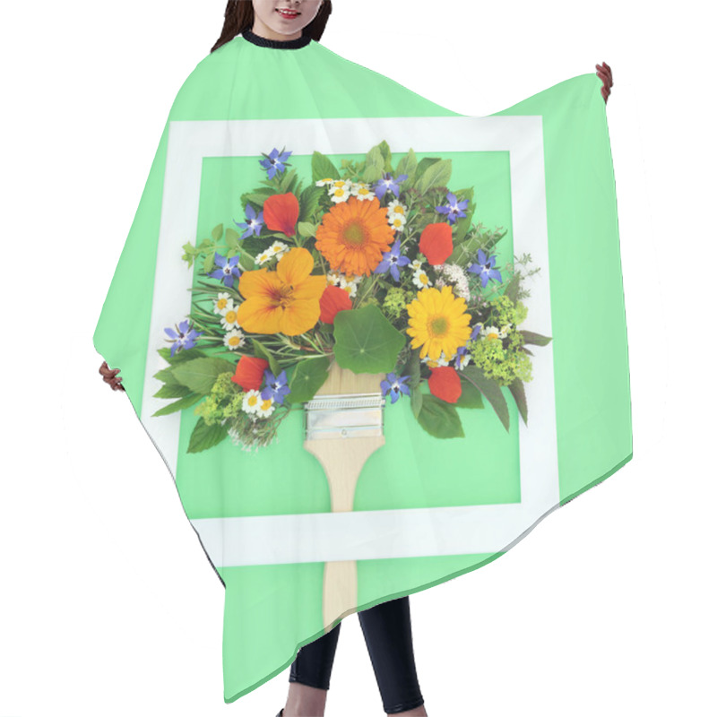 Personality  Surreal Tree Concept Shape Of Summer Flowers Herbs And Wildflowers. Used In Herbal Plant Medicine, Seasoning, Flower Remedies And Food Decoration. Minimal Abstract Design On Green With White Frame. Hair Cutting Cape