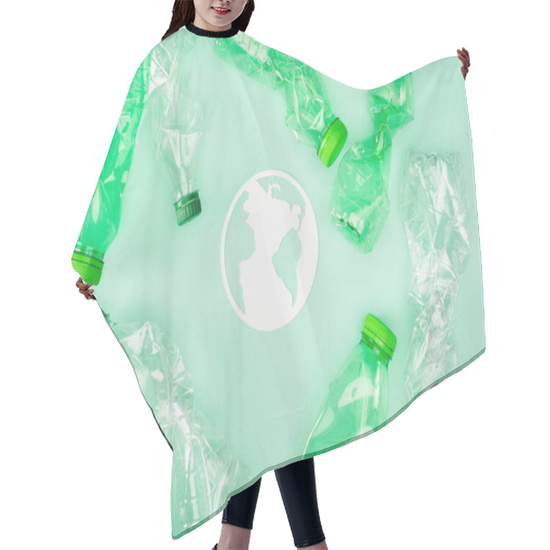 Personality  Top View Of Paper Planet Sign Near Crumpled Plastic Bottles On Green Surface, Ecology Concept Hair Cutting Cape