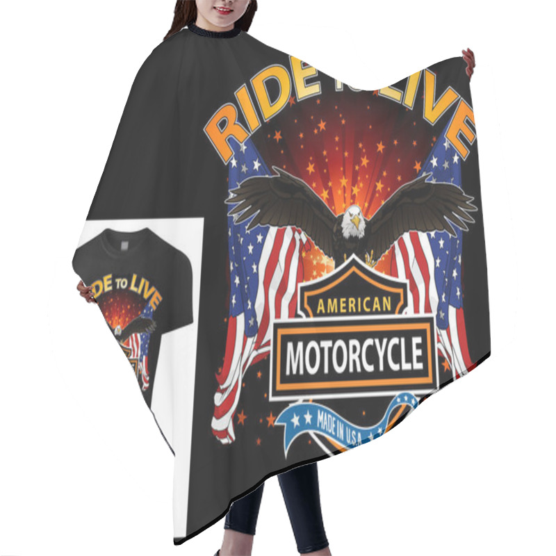 Personality  T-shirt Design For Bikers With Eagle And Flags With Decorative Banners And Texts - Colored Illustration Isolated On Black Background, Vector Hair Cutting Cape