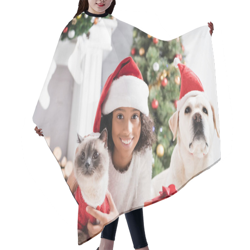 Personality  Cheerful African American Girl Looking At Camera Near Cat, Labrador Dog And Gift Boxes On Blurred Background Hair Cutting Cape