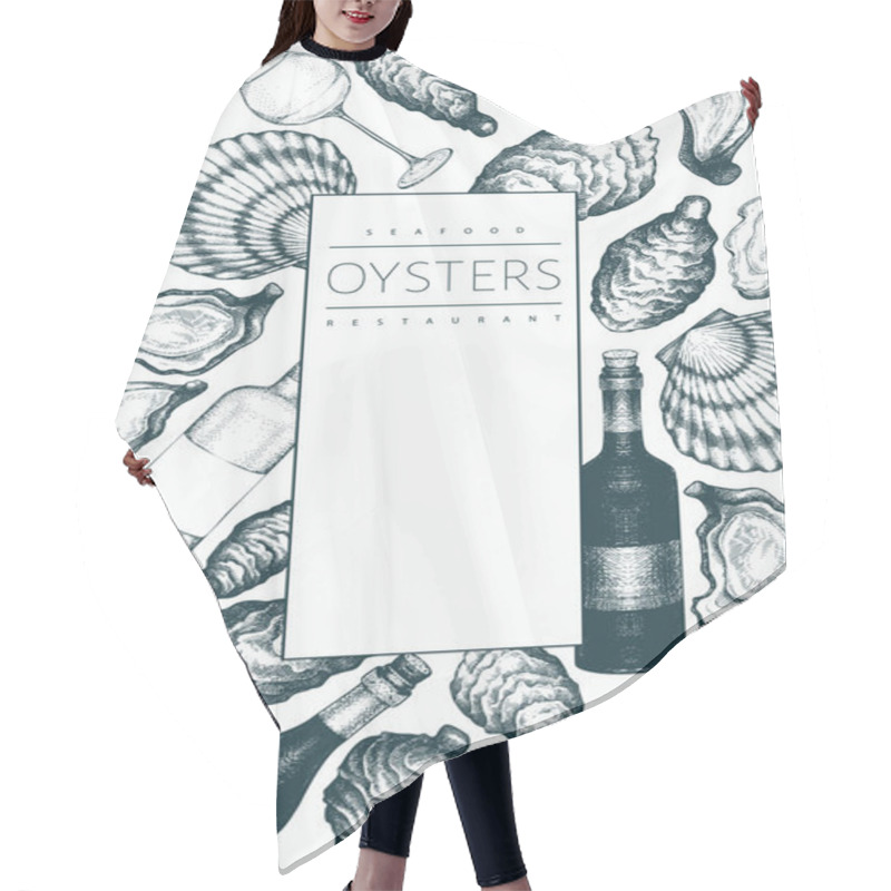 Personality  Oysters And Wine Design Template. Hand Drawn Vector Illustration. Seafood Banner. Can Be Used For Design Menu, Packaging, Recipes, Fish Market, Seafood Products. Hair Cutting Cape