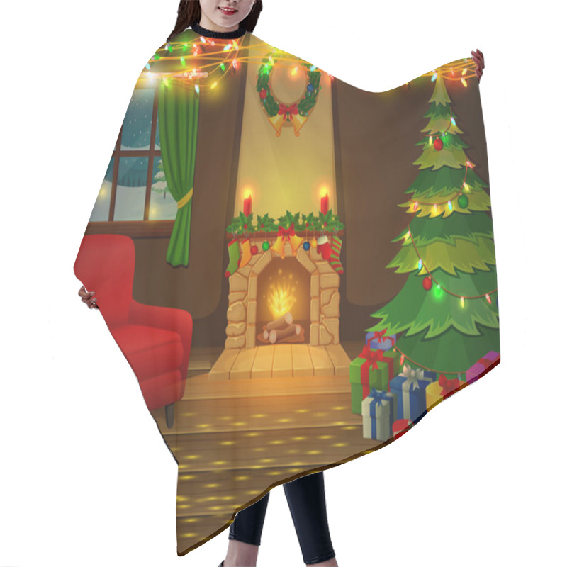 Personality  Christmas Fireplace With Xmas Tree, Presents And Armchair Hair Cutting Cape